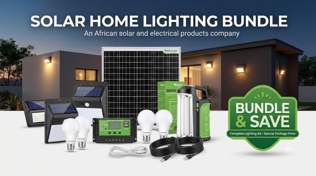 Complete solar home lighting kit including a 200W panel, charge controller, LED bulbs, wall lights, and emergency lantern.