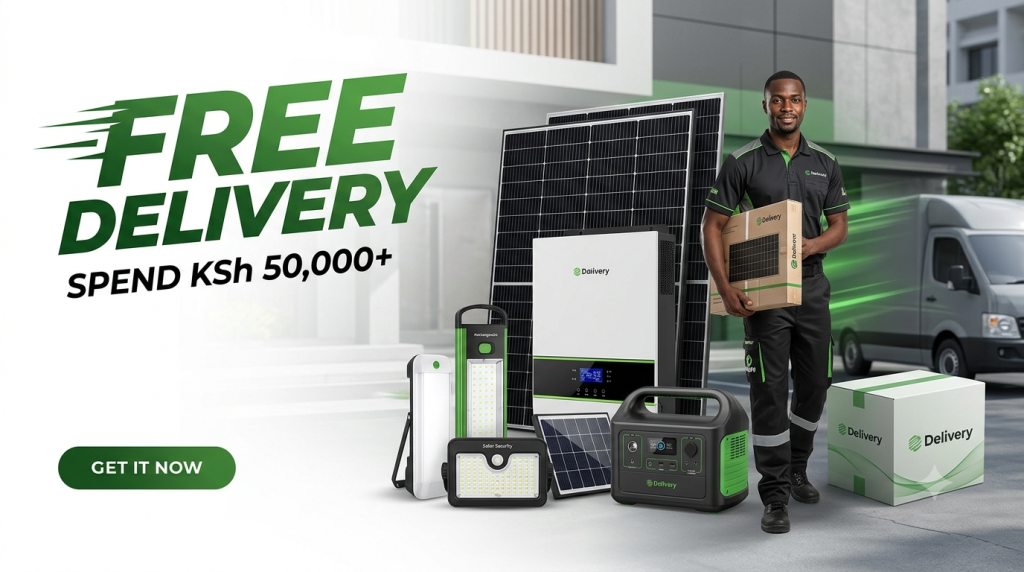 Kenyan technician holding a packaged solar kit with free nationwide delivery branding on orders over KSh 50,000.