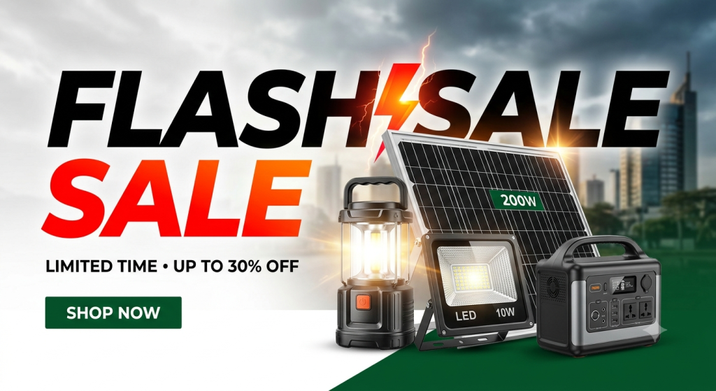 Flash sale promotional banner featuring a 200W solar panel, solar lantern, floodlight, and portable power station in Nairobi Kenya.