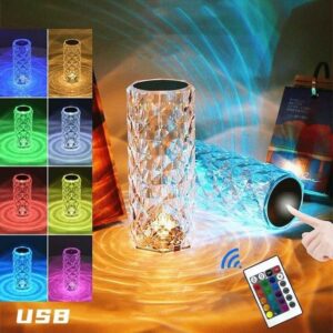 Rose Diamond Table Lamp with crystal-cut design and colorful LED lighting